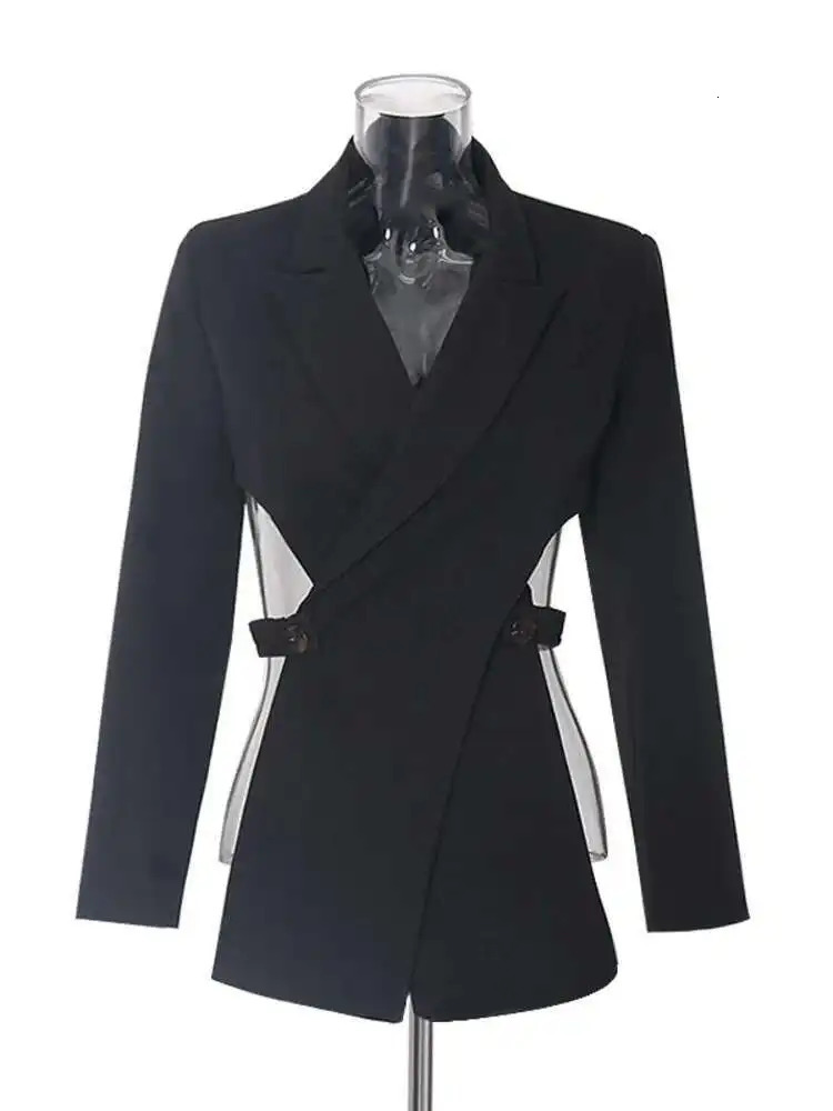 LANMREM Irregular Backless n Blazer For Women Notched Long Sleeve Solid Elegant Jackets Female Clothing Spring 251027