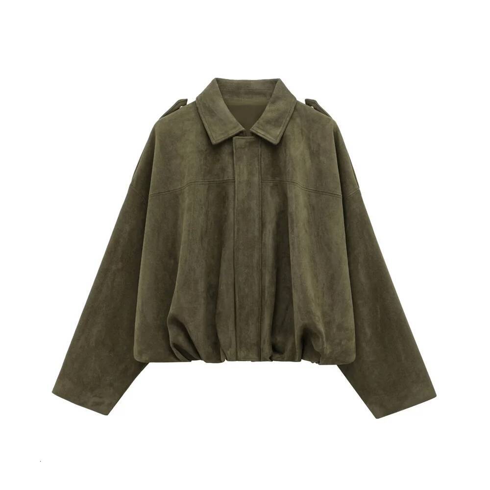 winter jacket women Women Faux Suede Collared Jacket with Shoulder Straps Loose Fit Stylish Olive Green for Sale on