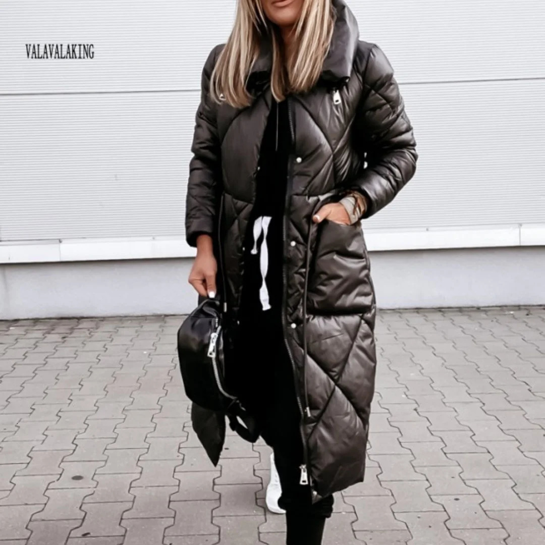 Winter Solid Plus Size Long Coat Women Elegant Pocket Sleeve Jacket Lady Turndown Collar Large Zipper Thick Warm 251027