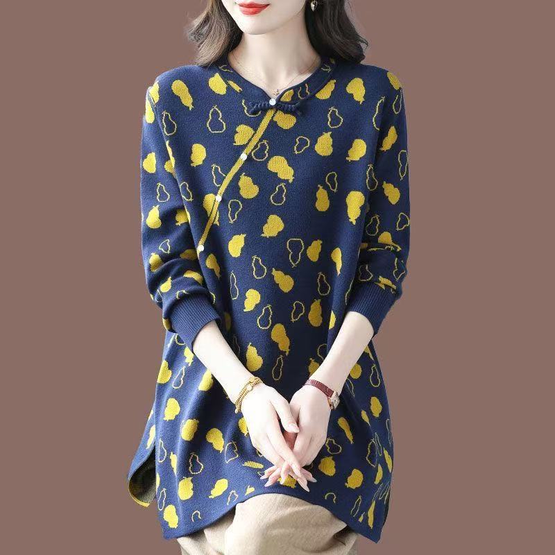 plus size women's new long sleeve high waist printed banquet dress mid-length skirt D02764