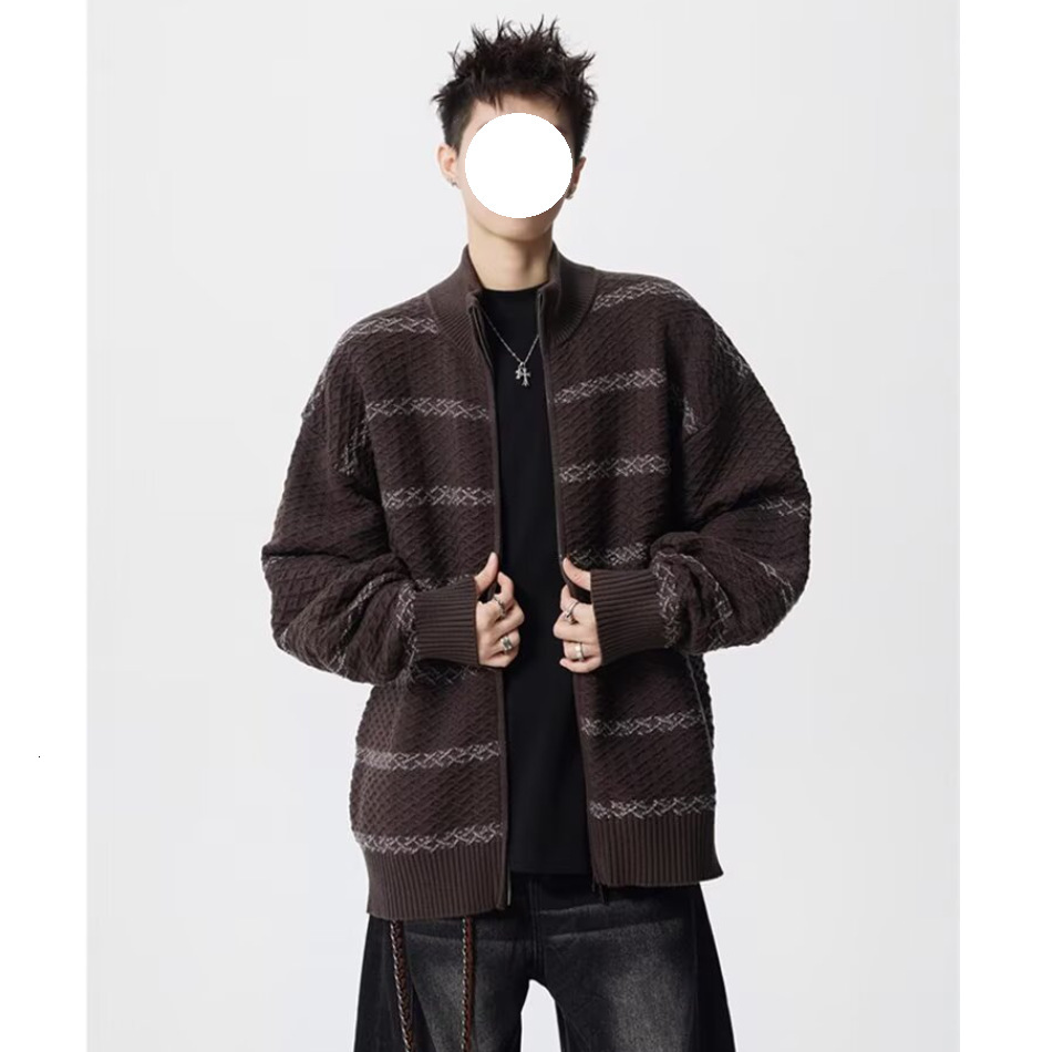 Striped Stand Collar Patchwork Knit Designer Sweater Sweater For Men Autumn American Style Loose Casual Sweater Youth Loose Cardigan Jacket