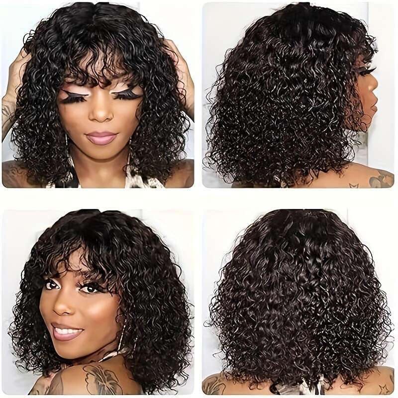 Chic Kinky Curly Bob With Bangs Women - 180% Density, HD Lace Front, Glueless Human Hair, Natural Black Color, Versatile Style For All Ethnicities, Ha