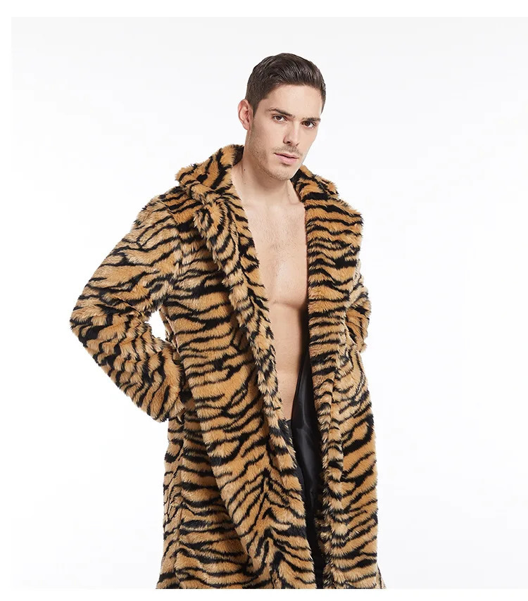 Men Faux Fur Jacket Tiger Leopard Print Coat Mid Length Thick Winter Warm Turn Down Collar Outerwear Vintage Casual Overcoat 251018