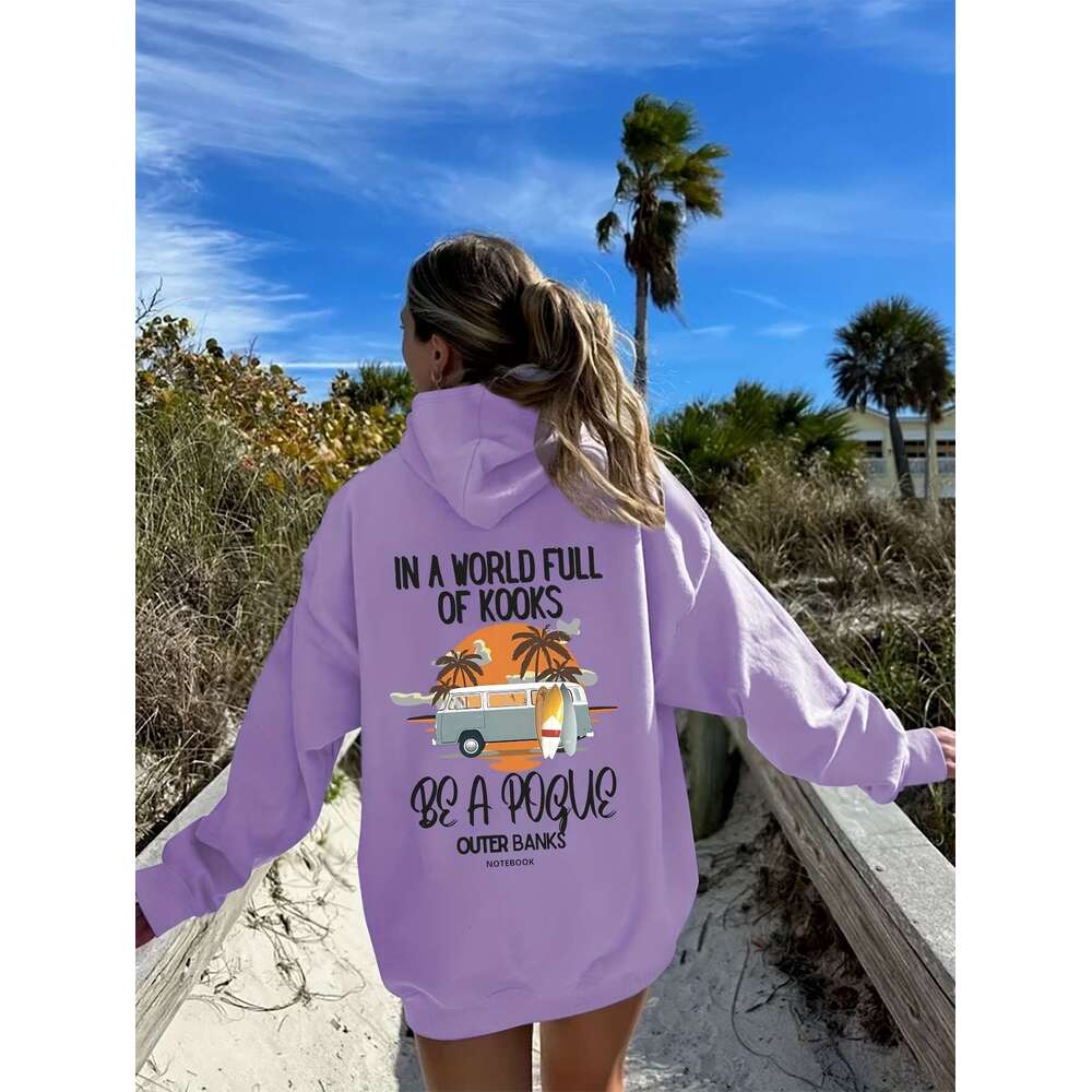 Outer Banks-Inspired Casual Hoodie For Women Alphabet Pattern Print, Personalized Emed Sweatshirt, Polyester Knit Fabric, Hooded, Long Sleeve, Fall/Wi