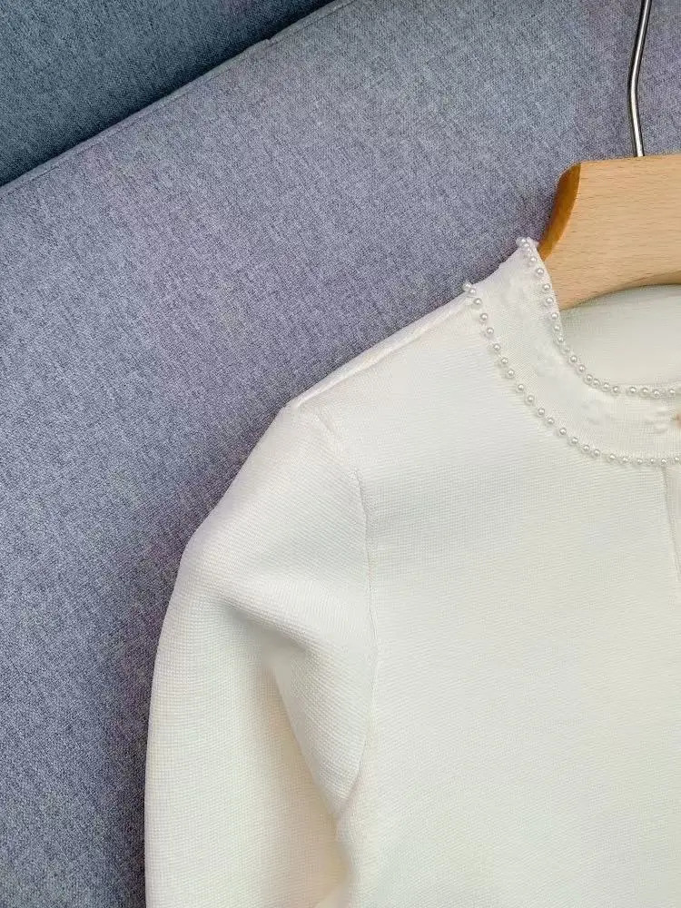 Early Spring Fashion Pearls Decorated Elegant Round Neck Sleeveless Splicing Knitted Dress Women or Short cardigan 251027