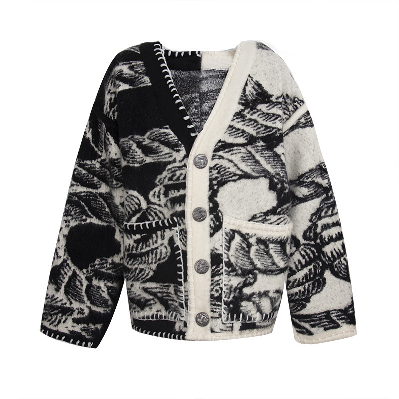Designer Fashion Knitted Women's Open Jacket Retro Printed Early Autumn Lazy Slimming Top Fashion