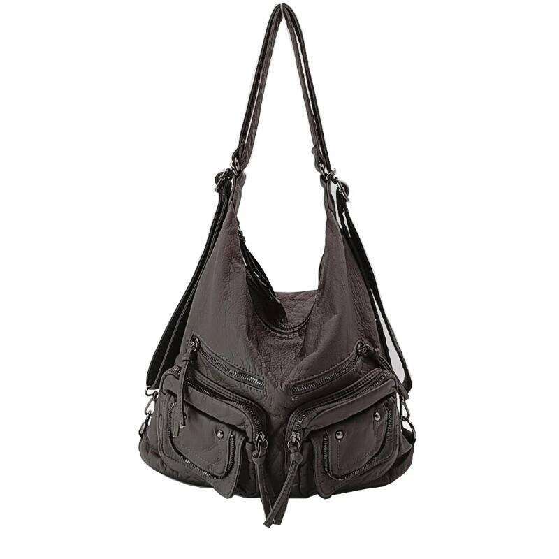 Retro Cool Girls Motorcycle Handbag Soft PU Leather Female Large Shoulder Bag Punk Multi Pocket Crossbody Backpack 251027