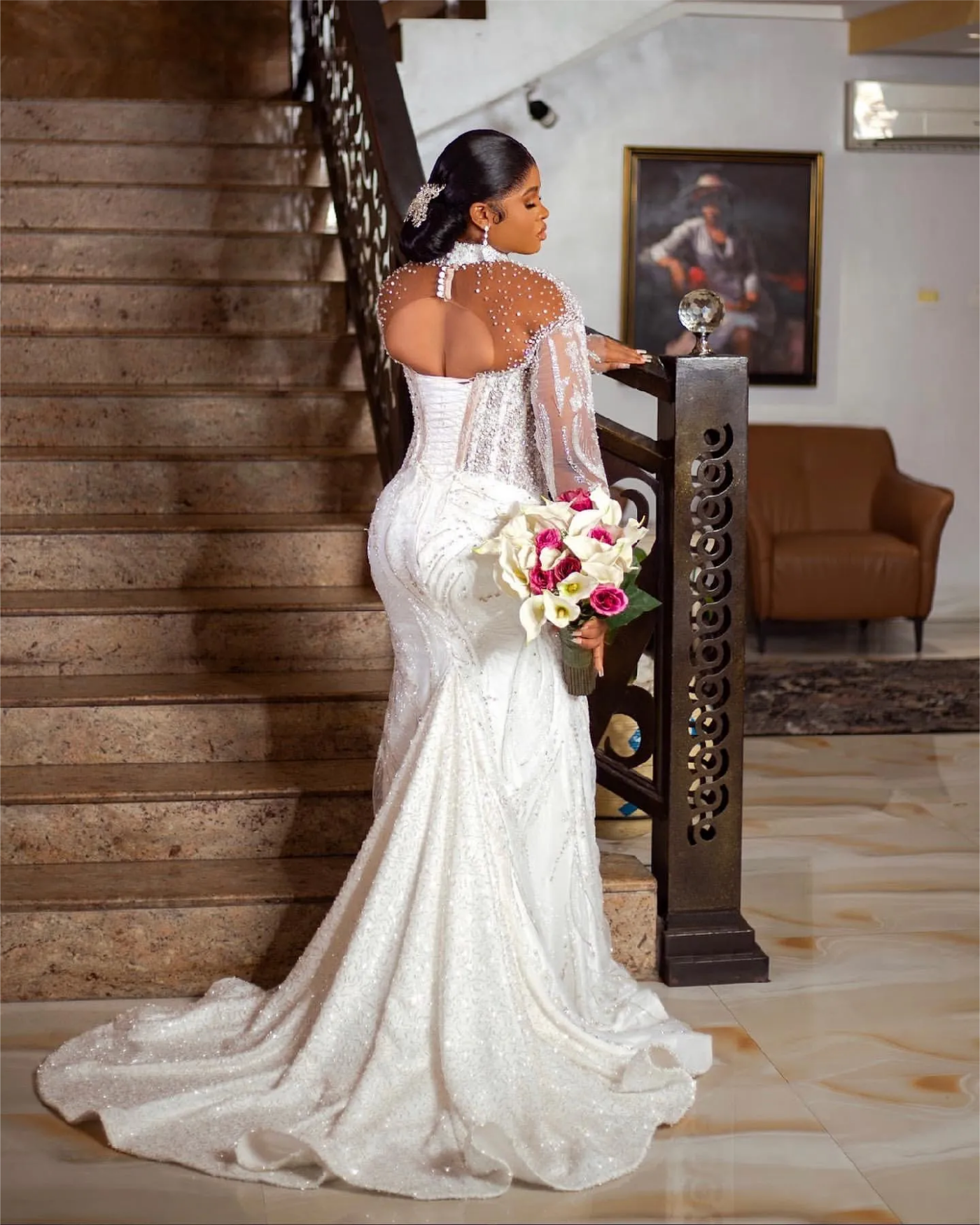 Arabic Aso Ebi Plus Size Ivory Mermaid Wedding Dresses with Beaded Crystals and Sequined Lace Bridal Gowns Dress