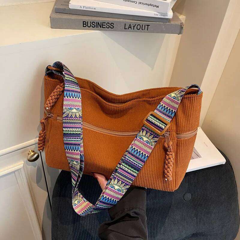 Trendy Wide Strap Corduroy Crossbody Women Fashion Tote Spacious Versatile And Large Capacity Travel Bags For Use