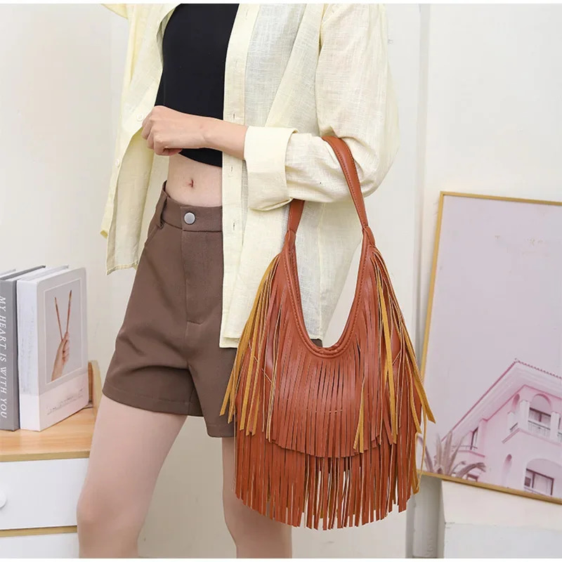 Long Tassel Hobo Underarm Shoulder Bager Large Capacity Women Tote BagTrendy Solid Color Soft PU HandbagBlackBrown 251027