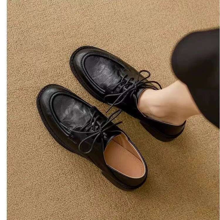 Genuine Leather Chunky Heel British Thick Sole 2024 Autumn Lace-up Black Commuter Shoes College Style Women's Loafers