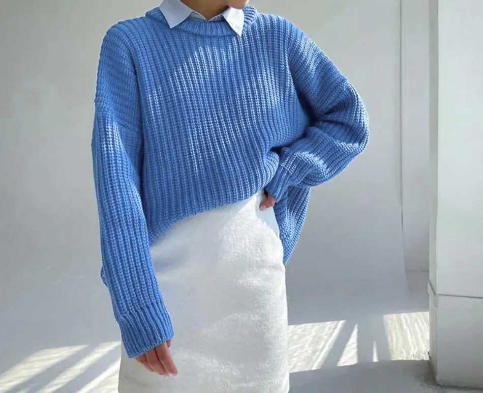 New AutumnWinter Fashion Long Sleeve Loose Round Neck Knitted Solid Color Sweater For Women6 ColorsT251027