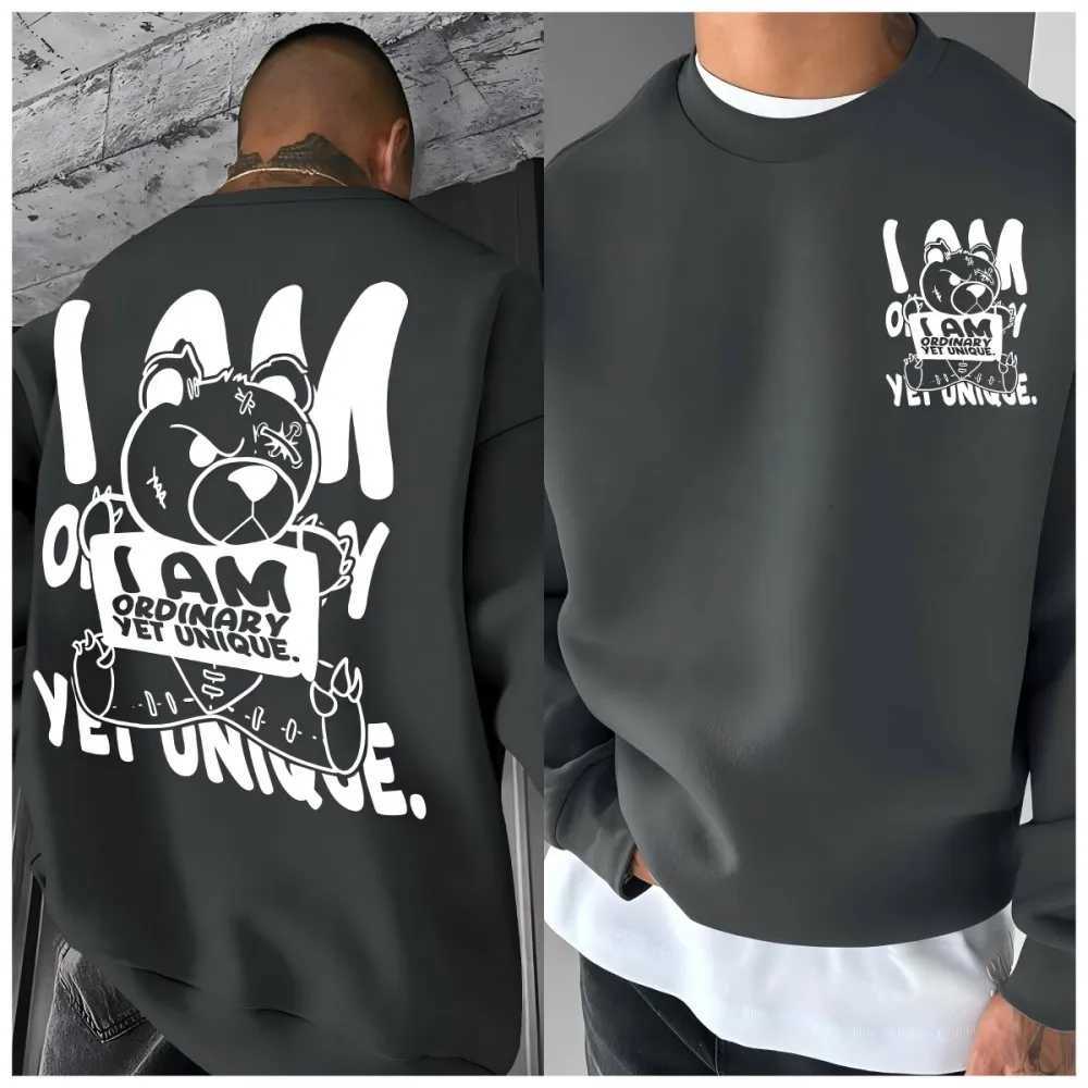 Autumn mens fashionable and personalized teddy bear letter print comfortable soft long sleeved pullover outdoor street top W251027