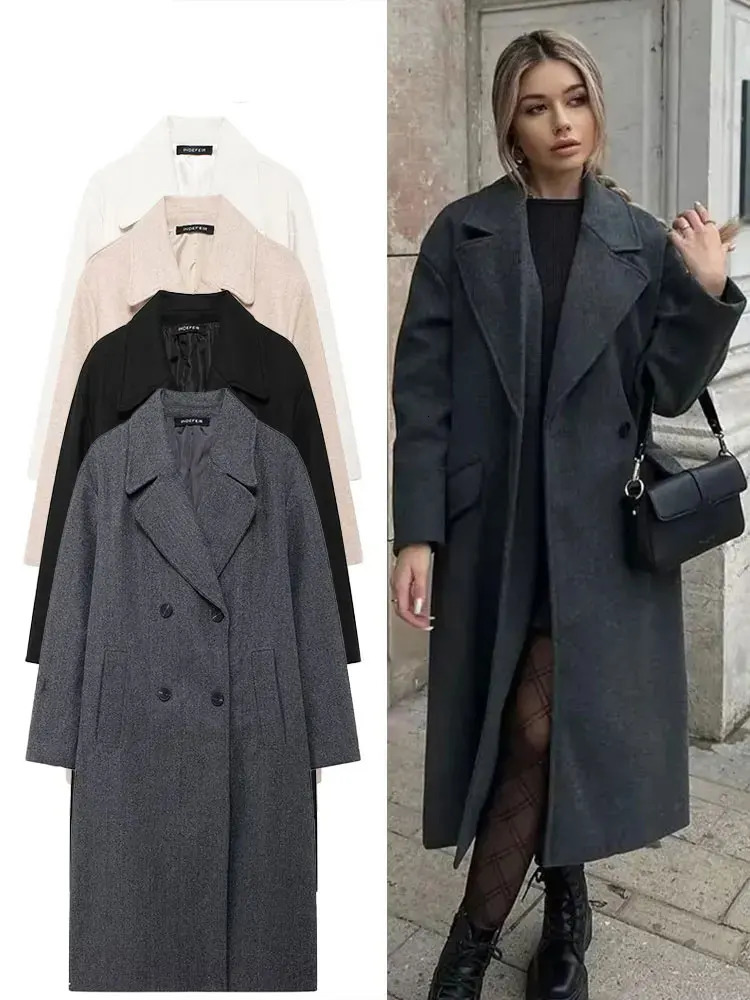 Winter Coat For Women Solid Lapel Double Breasted Long Cardigan Top Female Pokcet Streetwear Woman In OuterCoat 251027