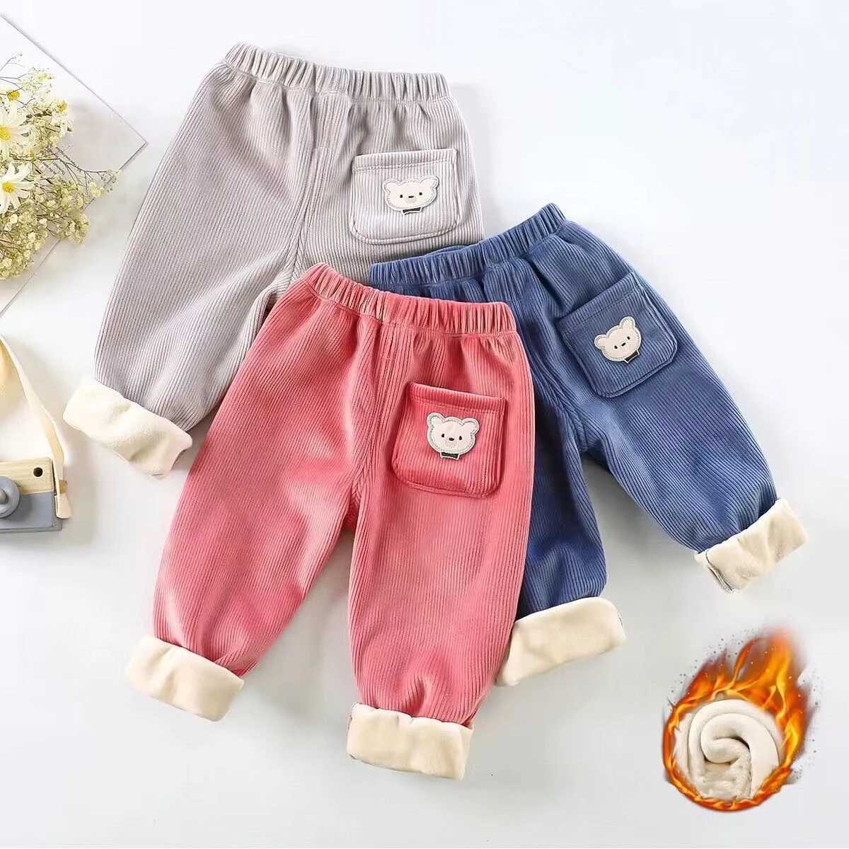 1pcs Boy Girl Winter Velvet Corduroy Kids Pants Little Bear Cartoon Mid Waist Warm Pantalones Baggy Thick Plush Children TrouserT251027