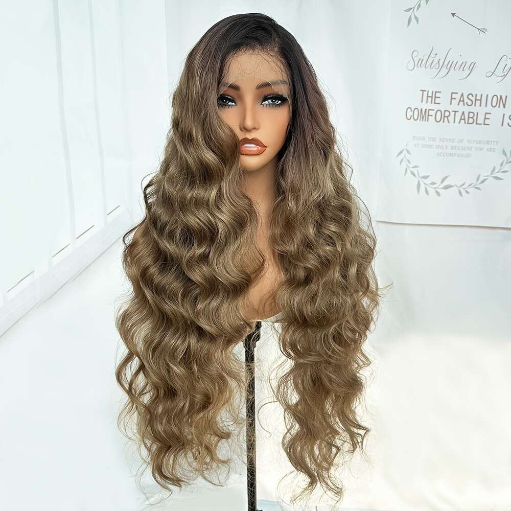 Synthetic Wig, 32-Inch Black Gradient Brown, High Temperature Fiber Wig With Brown Body Waves And Fluffy Style,