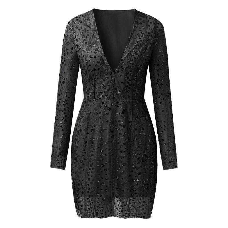 2025 Design Women's Fashion Deep V Long Sleeve Sequin Dress Little Gown