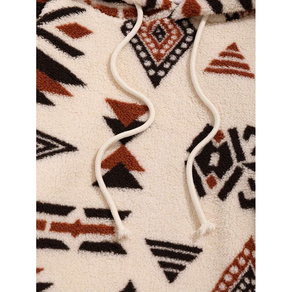Ethnic Style Geometric Pattern, Men's Loose Polar Fleece Hoodie For Winter & Fall, Hooded Sweatshirt With Drawstring And Kangaroo Pocket