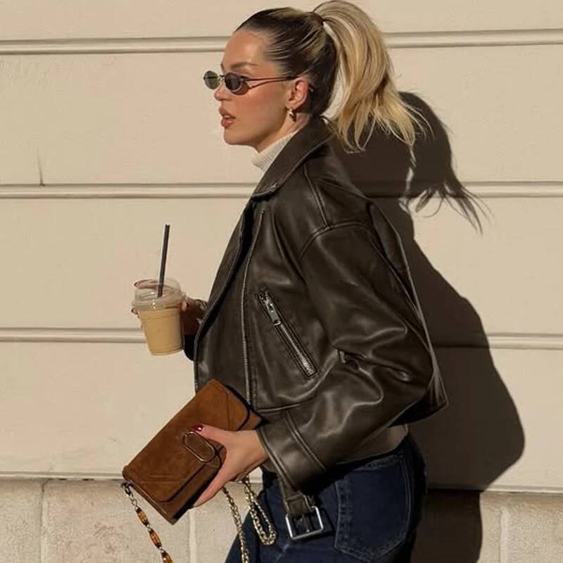 winter jacket women HXAO Brown Short Coat Faux Leather Women Women's Long Sleeve Top Motorcyclist Jacket