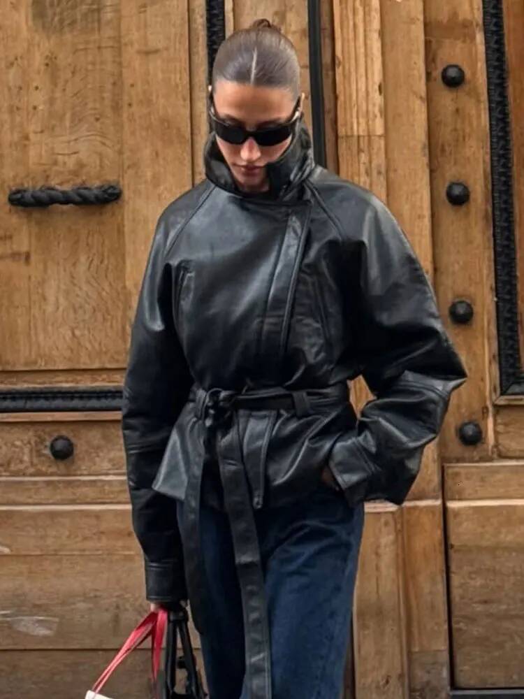 winter jacket women HH Female Street Fashion Faux Leather Trench Coats Lapel Zipper Belted Solid Long Sleeves Autumn Motorcycle Vintage Jacket