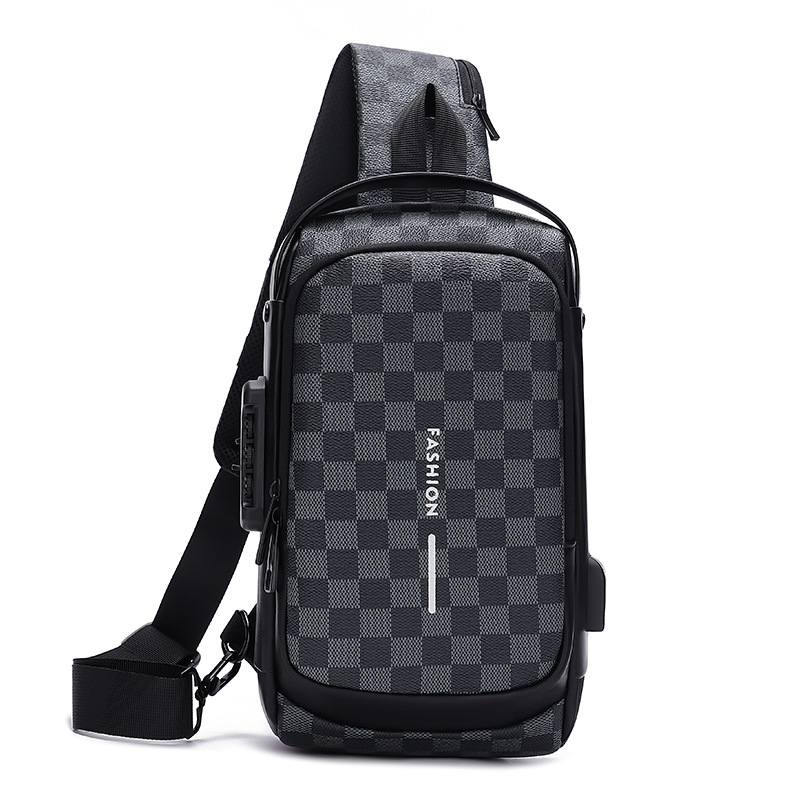Anti-Theft Chest Bag Motorcycle Code Lock Men'S Shoulder Bag Fashion Plaid Leisure Sports Multi-Function Crossbody Bag 2025