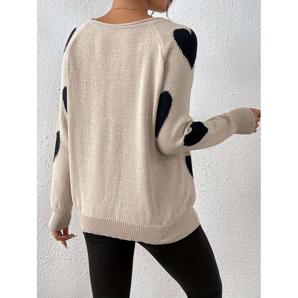 New Spring Autumn Stylish Casual Elegant V-Neck Pullover With Heart Jacquard Contrasting Colors, A Youthful And Chic Women's Knitted Long-Sleeve 