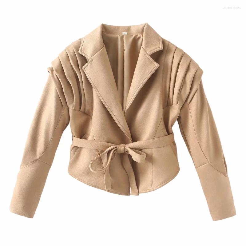 Women's Jackets Style European And American Lapel Waist Cinching Strap Long Sleeved Short Jacket Top Coat
