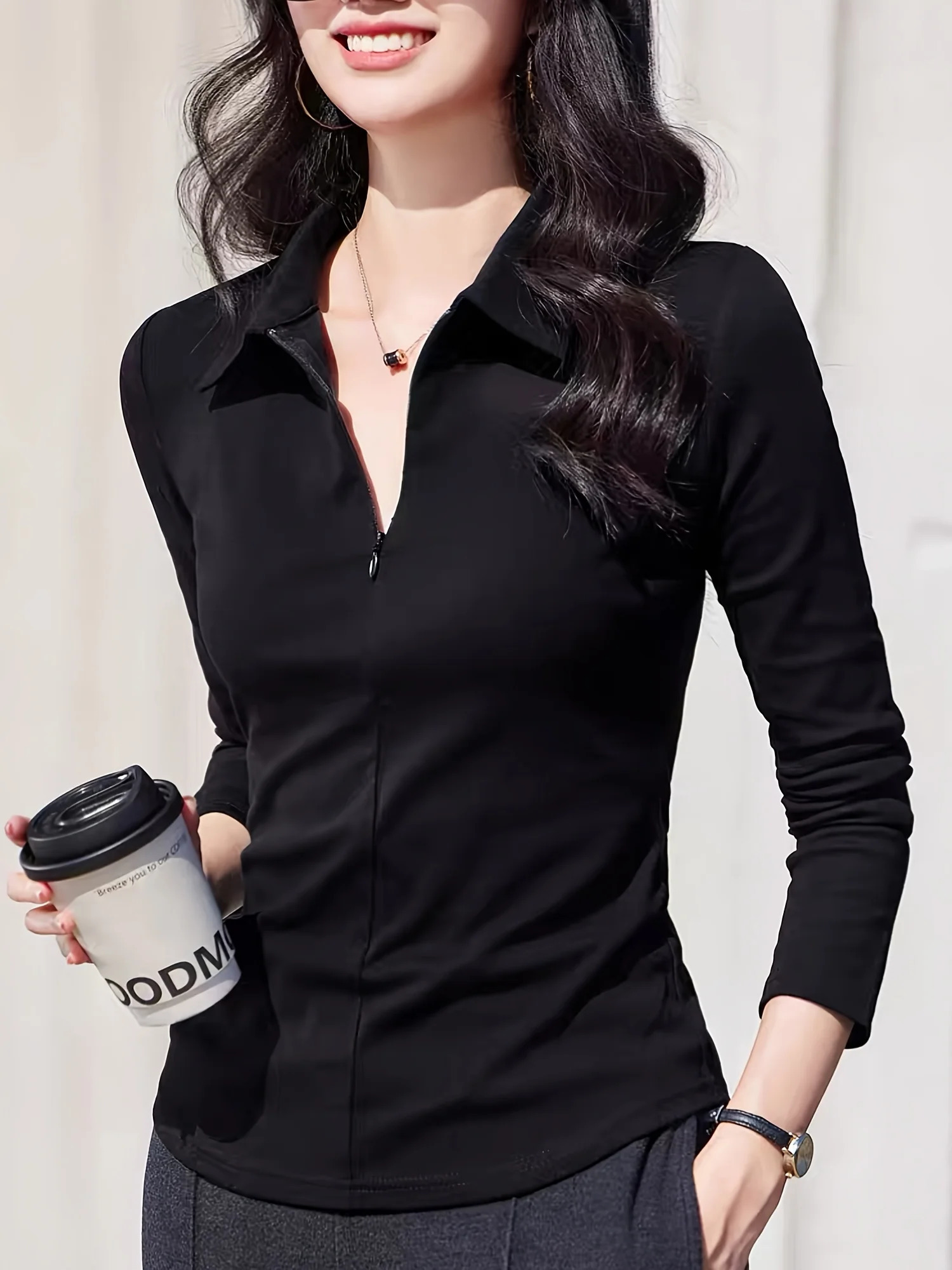 Womens solid color half zipper fashion and leisure long sleeve POLO shirt can be machine washed and dry cleaned 251027