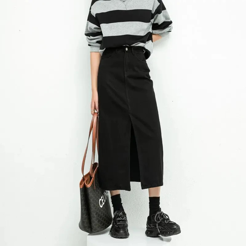 Split Denim Skirt for Women High Waisted Loose ALine Korean Elegant Black Skirts Spring Fashion Mid Length 251027