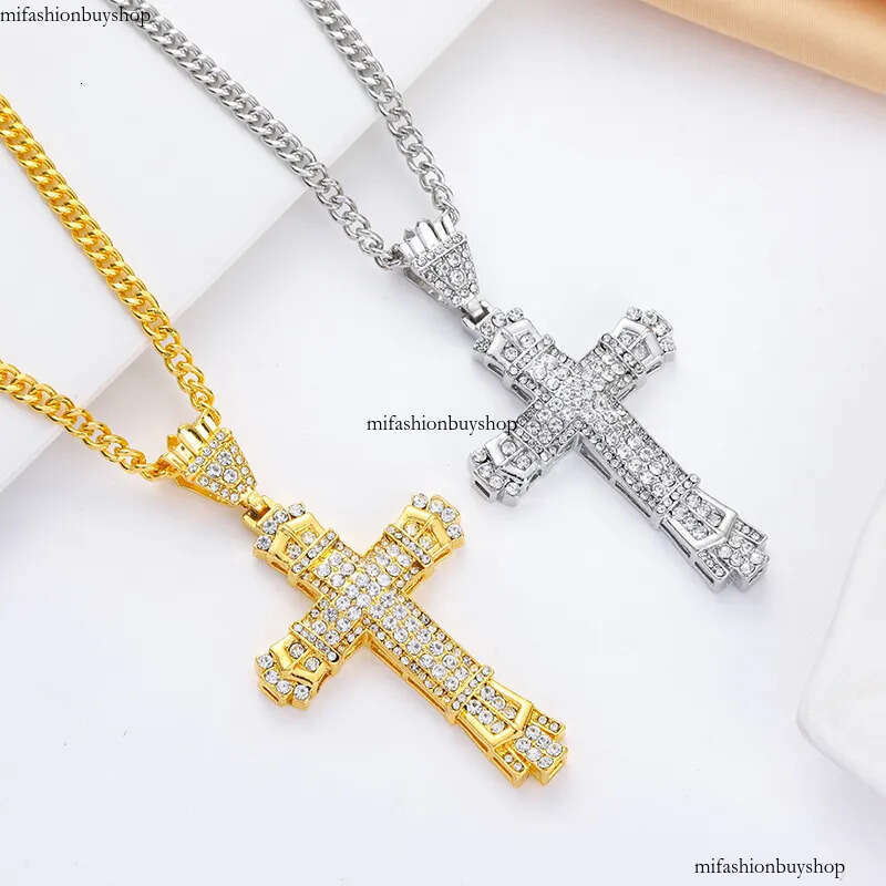 Hip Hop Cross Pendant Religious Charm Gold Sier Full Ice Out Crystal Neckalce Simulated Dias Catholic Crucifix Necklace With Cuban Chain Jewelry aaa