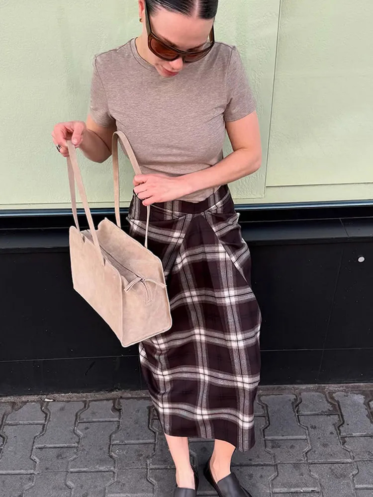 Draped Checked Midi Skirt Women Casual Pleated Irregular High Waist Slim Midlength Bottom Lady Daily Commute Street Skirts 251027