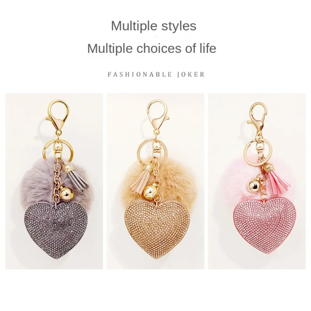 Rhinestone Heart Plush Ball Keychain Alloy Faux Fur Bag Pendant Solid Color Key Chain 251021