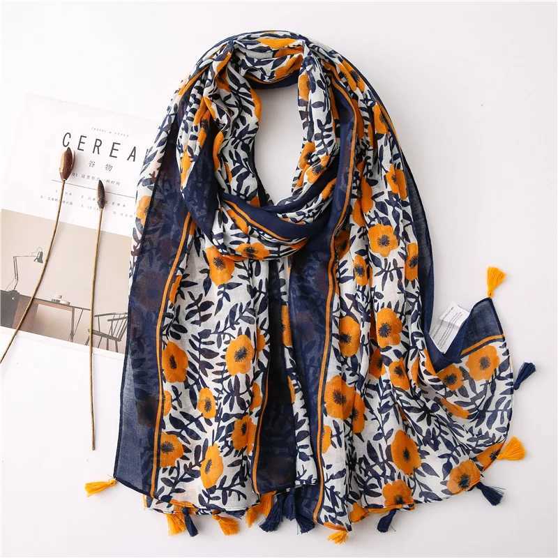 2022 Spain Fashion Daisy Floral Tassel Viscose Shawl Scarf Lady Print Soft Pashmina Sto Wrap Snood Bufandas Muslim Hijab SjaalW251027