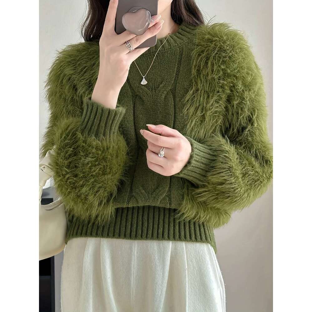 Cozy Plaid Knit Sweater Women - Pullovers With Faux Fur Sleeves, Ribbed Details, Round Neck, And Soft Polyamide Fabric For Autumn/Winter Season