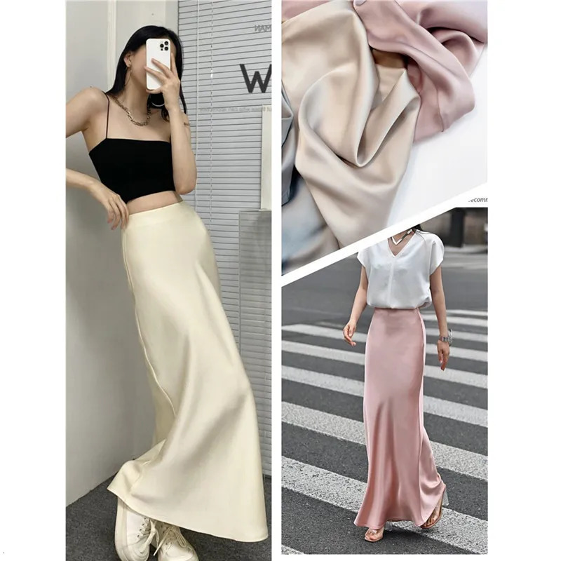 French Style Chic Womens Acetic Acid Satin Flowy High Waist Hip Hugging Skirt for SpringSummer Fishing Tail Aline 251027