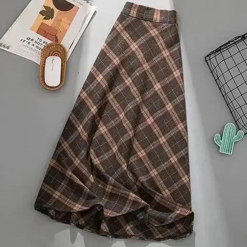 American Style Plaid Midi Skirt Womens Full A Line Skirts plus Size High Waist Slimming Long Trendy Spring Autumn 251027