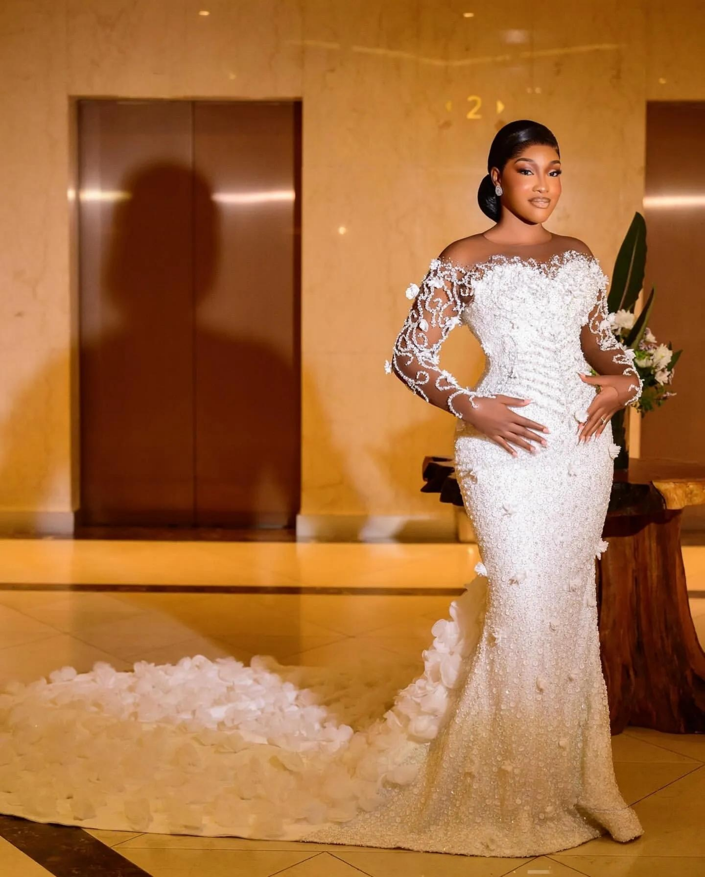 Arabic Aso Ebi Plus Size Wedding Dress in Ivory with Flowers Beaded Sequined Lace Full Sleeves and Luxurious Style
