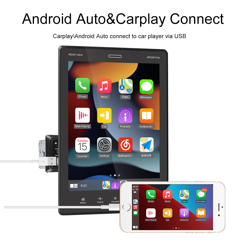 9.5 inch MP5 Vertical Screen Telescopic Car Stereo CarPlay Player Android Auto MP5 Player Mirror Link With Rearview Camera