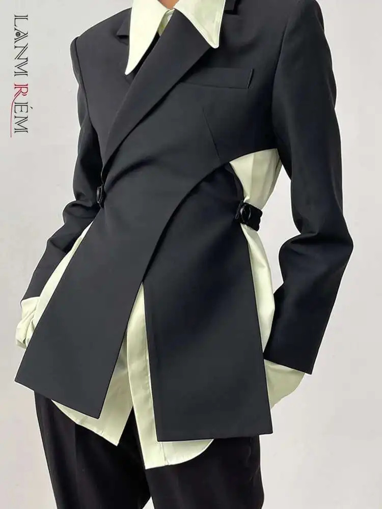 LANMREM Irregular Backless n Blazer For Women Notched Long Sleeve Solid Elegant Jackets Female Clothing Spring 251027