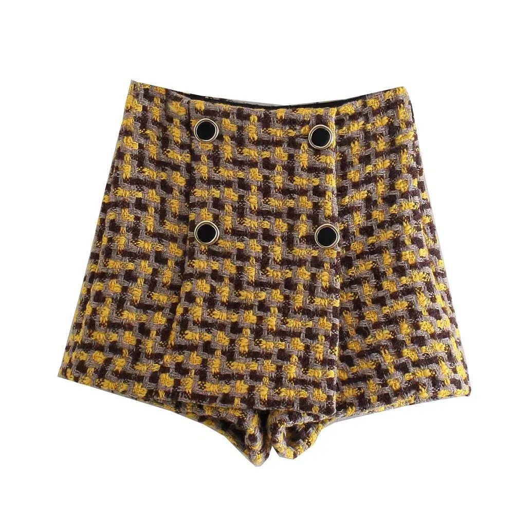 XEASY Women Tweed Twopiece Set Plaid Vintage Office Lady Double Breasted Blazer Female Slim High Waist Shorts Skirt Suit 251023