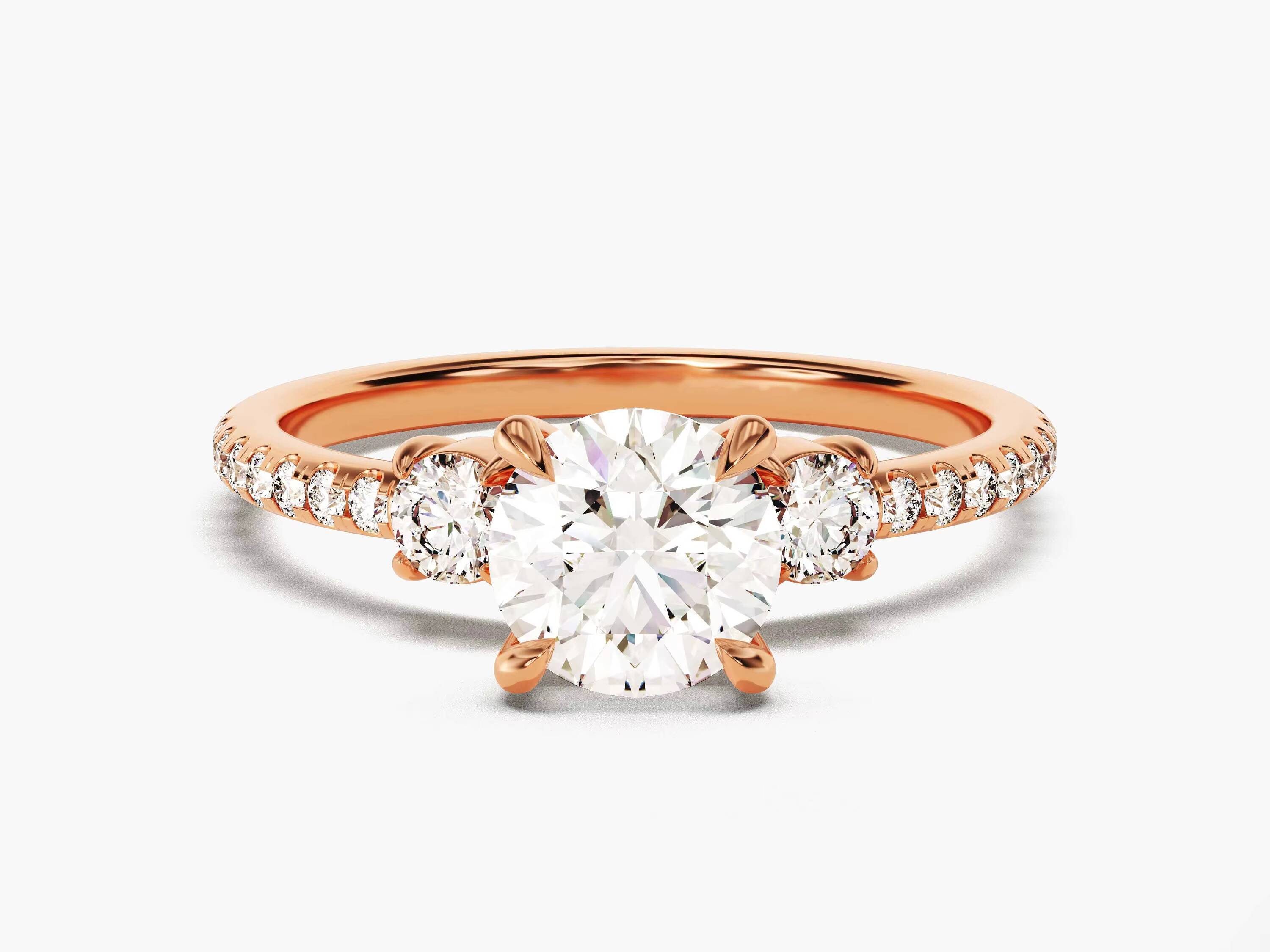 14k 18k Round Cut Diamond Engagement Ring with Side Stones Three Stone Promise Lab Diamond Ring