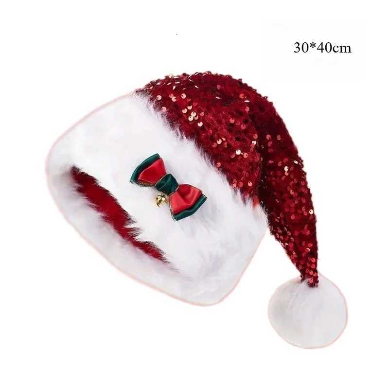 Christmas Hat with Red Green Bow Double Plush Decorative Hat Christmas Plush Thickened LengthW251027