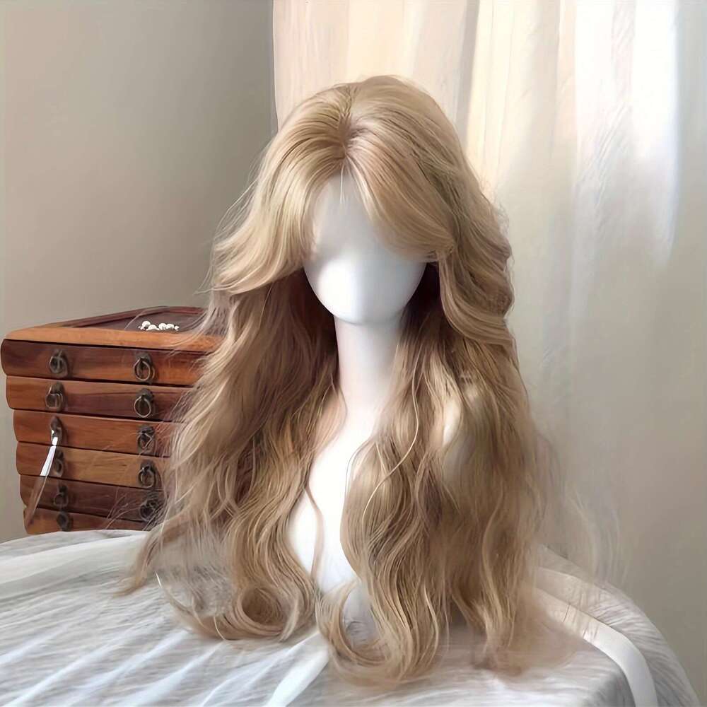26-Inch Women's Wig, Golden Brown Water Wave, Long Curly, European And American Style, Elegant, Breathable, Versatile, No-Loss, Full Cap