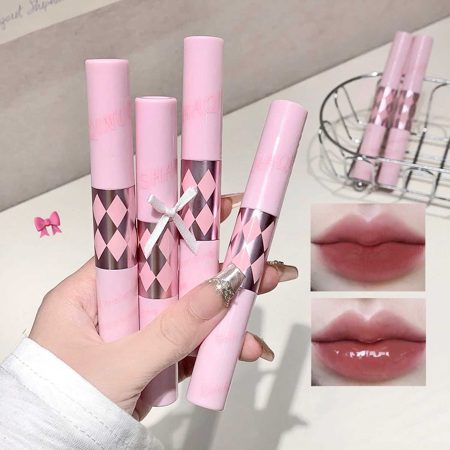 SHAQINUO Sexy Red Matte Lip Glaze Double Head Mirror Lipstick Moisturizing Water Gloss Lip Oil Nonstick Cup Korean Lip Make Up W251027