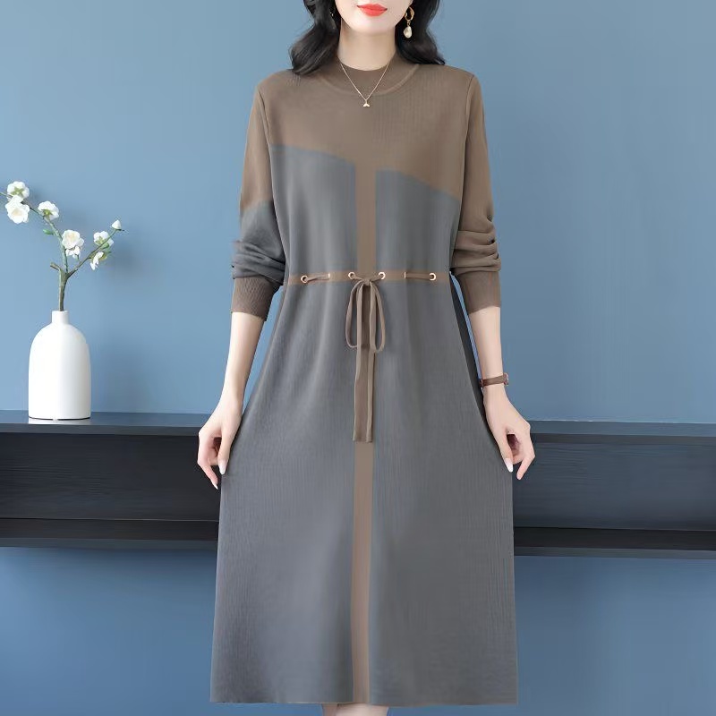 plus size women's new long sleeve high waist printed dress mid-length skirt D02407