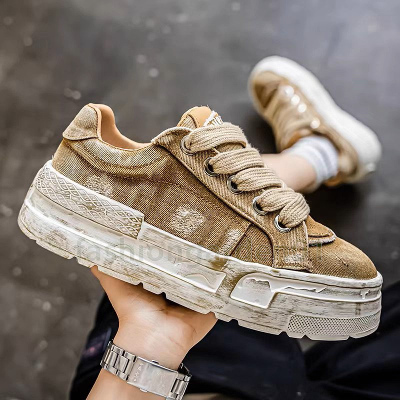 Versatile Trendy Mens Shoes Classic Washed Denim Sneakers Retro Blue Black Camel Slip-Resistant Thick-Sole Male Trainers Size 39-44