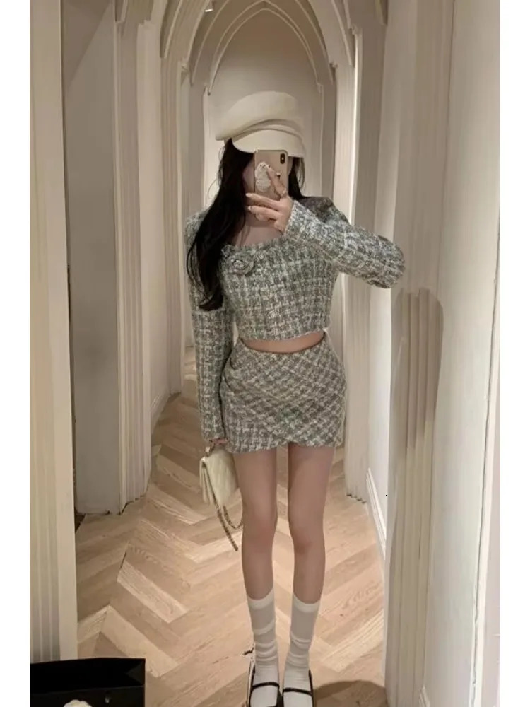 French Square Collar Tweed Womens Suit Jacket Autumn Long Sleeve Short Coat Slimfit Plaid Top High Waist Skirt Twopiece Set 251023