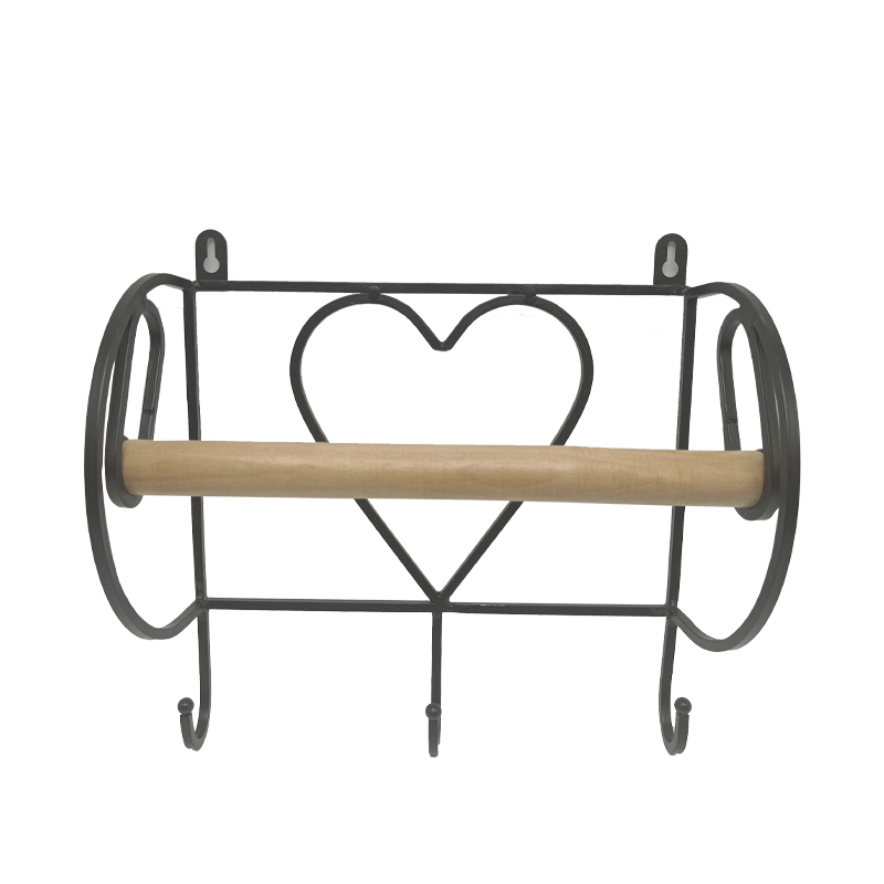 Vintage Black Iron Heart Paper Towel Holder with Wood Rod & 3 Hooks, Wall-Mounted Kitchen/Bathroom Organizer Rack