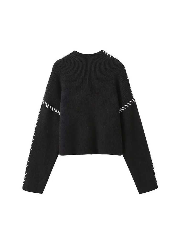 Womens Pullover Knit Top Patchwork Clash Design Turtleneck Sweater Crew Neck Black Basic Commuter Warm WomensT251027