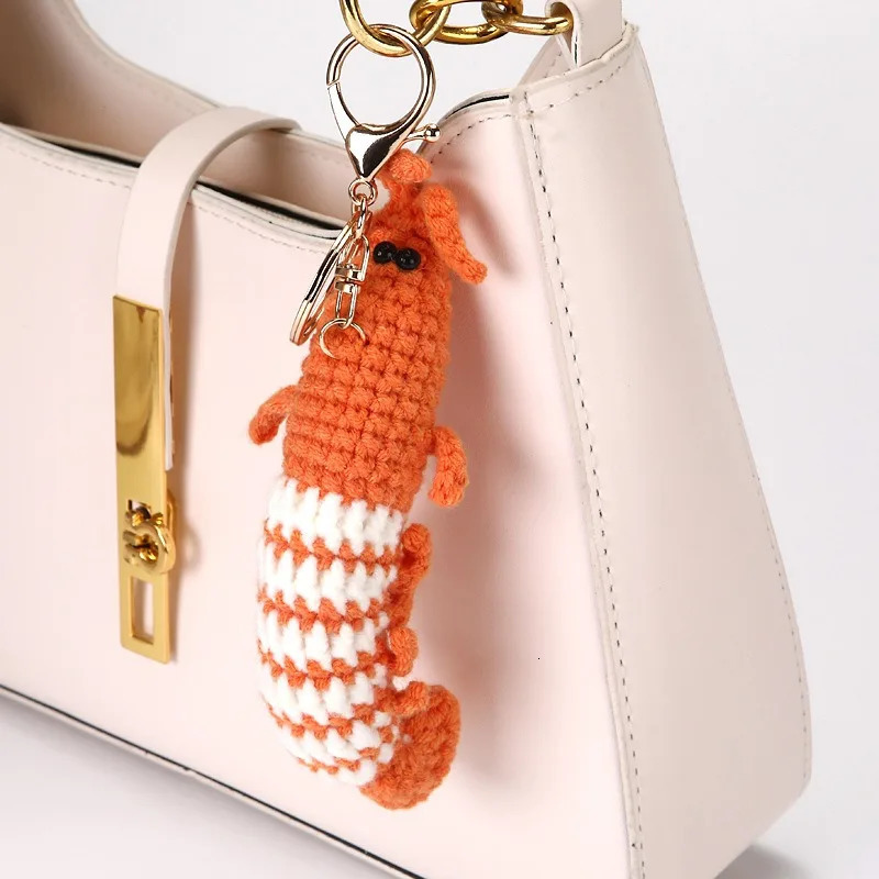 Cute Shrimp Charm Keychains Cartoon Mini Hand Knitted Car Keyring Lovely Handmade Weaving Bag Charms Backpack Handbag Pendant 251023